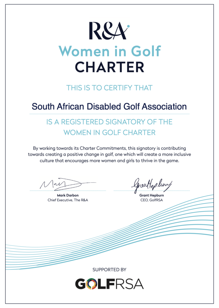 SADGA golf certificate South African Disabled Golf Association award